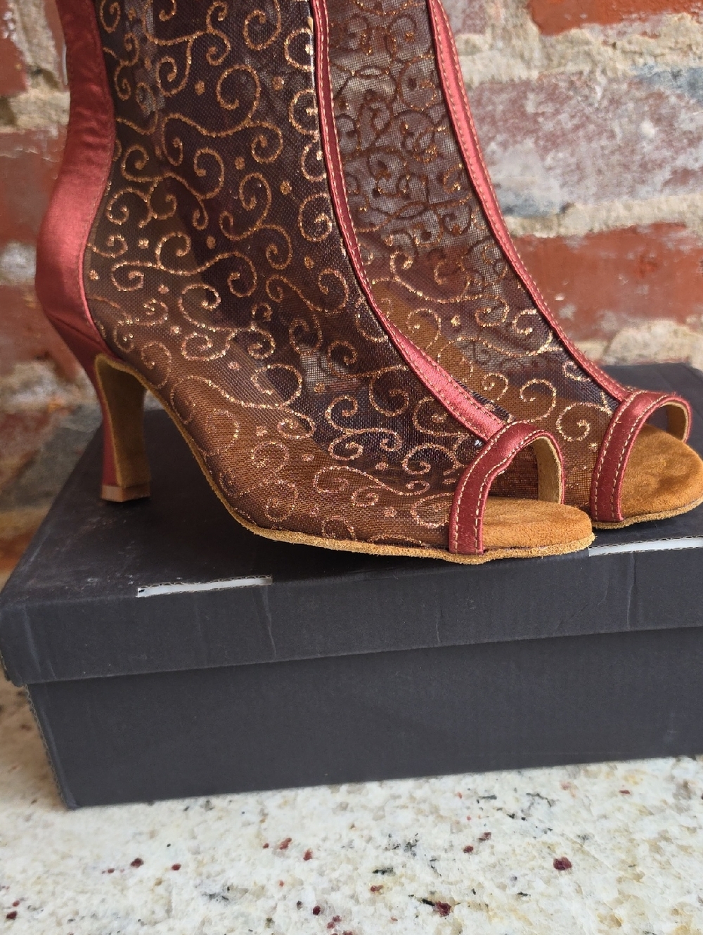 Brown Sheer Embroidered Peep-Toe Heels